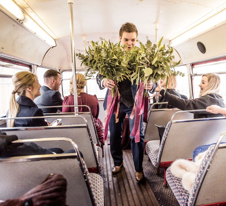 Greenery Bouquets with Ribbon | Vintage Wedding at The Asylum & Town hall Hotel London | Kevin Fern Photography