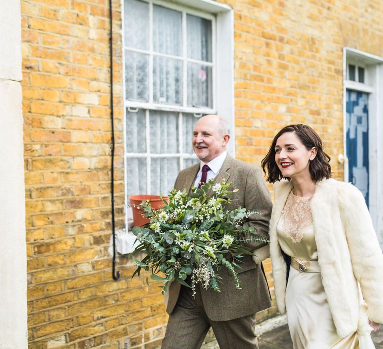 Bride in Story of My Dress Bridal Gown | Greenery Bouquet | Vintage Wedding at The Asylum & Town hall Hotel London | Kevin Fern Photography