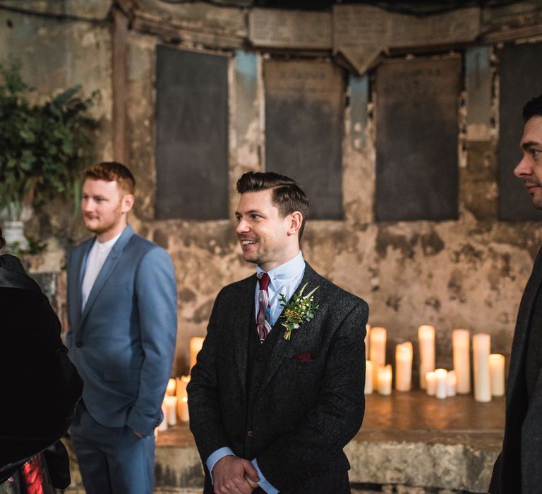 Groom in Navy Suits from Tom James Tailors | Vintage Wedding at The Asylum & Town hall Hotel London | Kevin Fern Photography