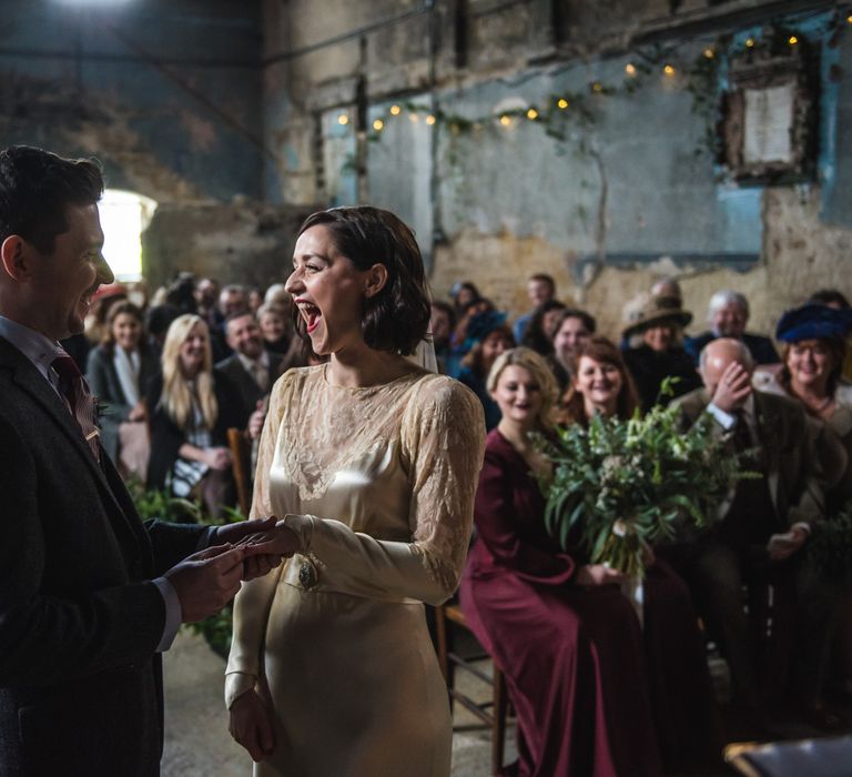 Wedding Ceremony | Bride in Story of My Dress Bridal Gown | Groom in Navy Suit from Tom James Tailors | Vintage Wedding at The Asylum & Town hall Hotel London | Kevin Fern Photography