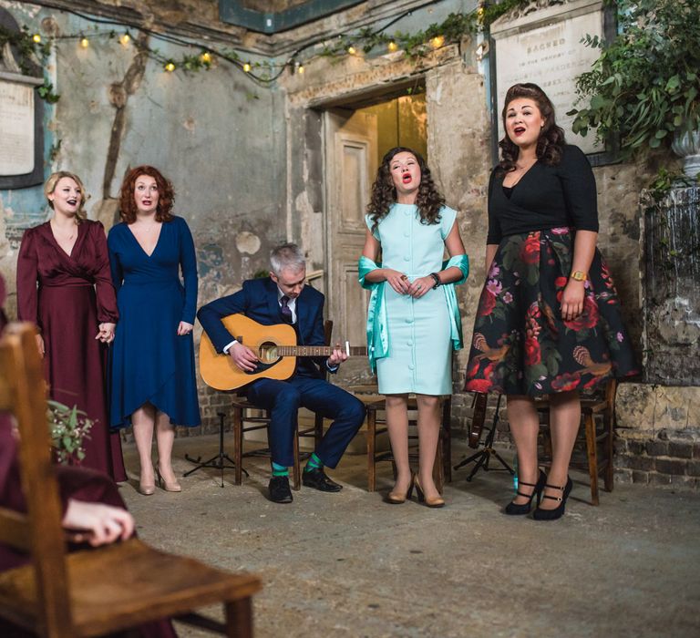 Wedding Ceremony | Bridesmaids in Burgundy BHLDN Dresses | Vintage Wedding at The Asylum & Town hall Hotel London | Kevin Fern Photography