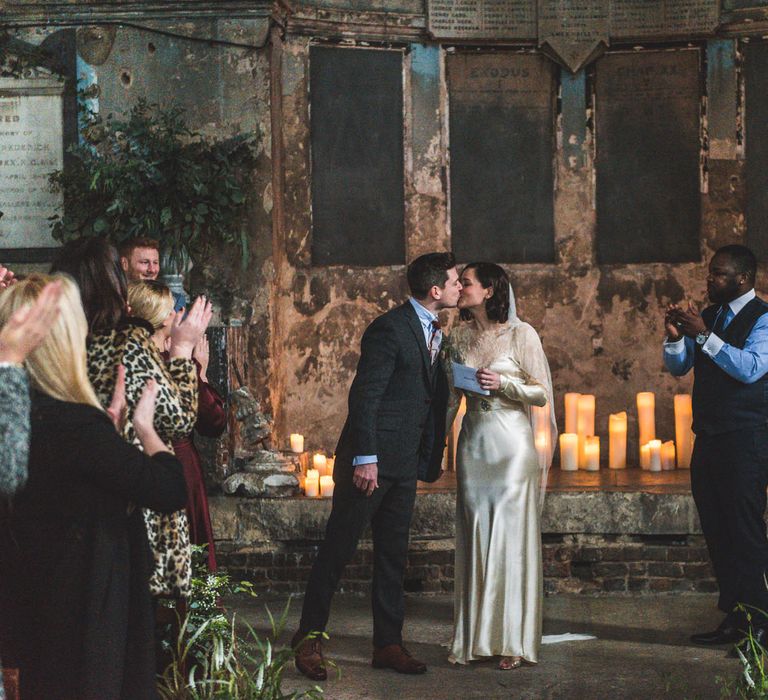 Wedding Ceremony | Bride in Story of My Dress Bridal Gown | Groom in Navy Suit from Tom James Tailors | Vintage Wedding at The Asylum & Town hall Hotel London | Kevin Fern Photography