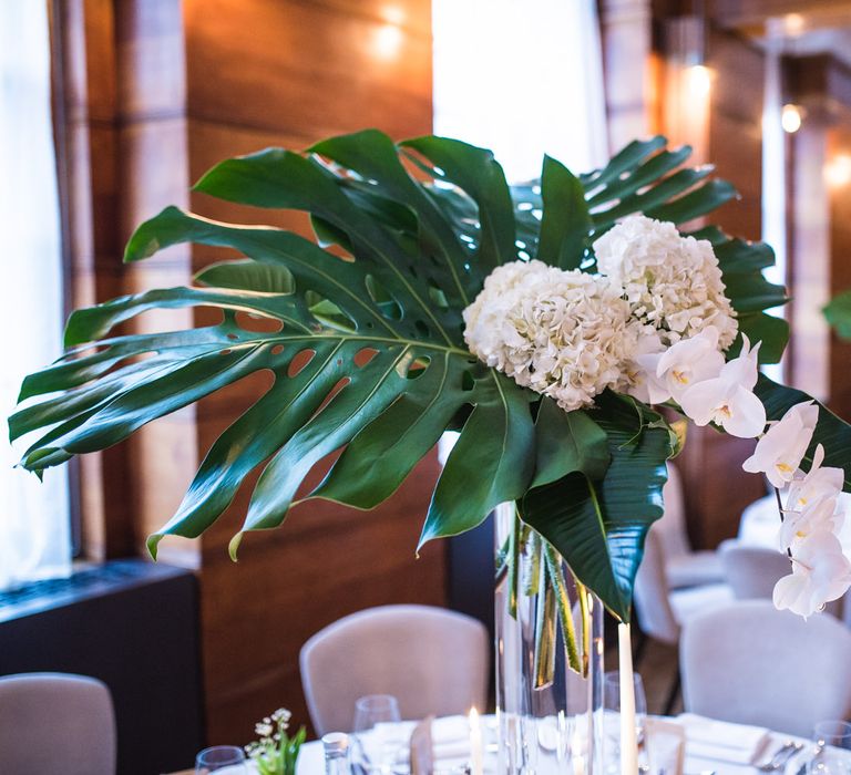 Fern Leaves, White Hydrangeas & Orchids Floral Centrepieces | Vintage Wedding at The Asylum & Town hall Hotel London | Kevin Fern Photography