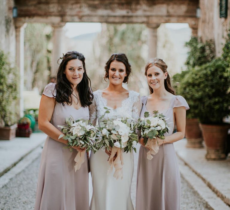 Bride in Morgan Davies Gown | Bridesmaids in Blush Pink Reformation Dresses | D&A Photography | Ben Walton Films