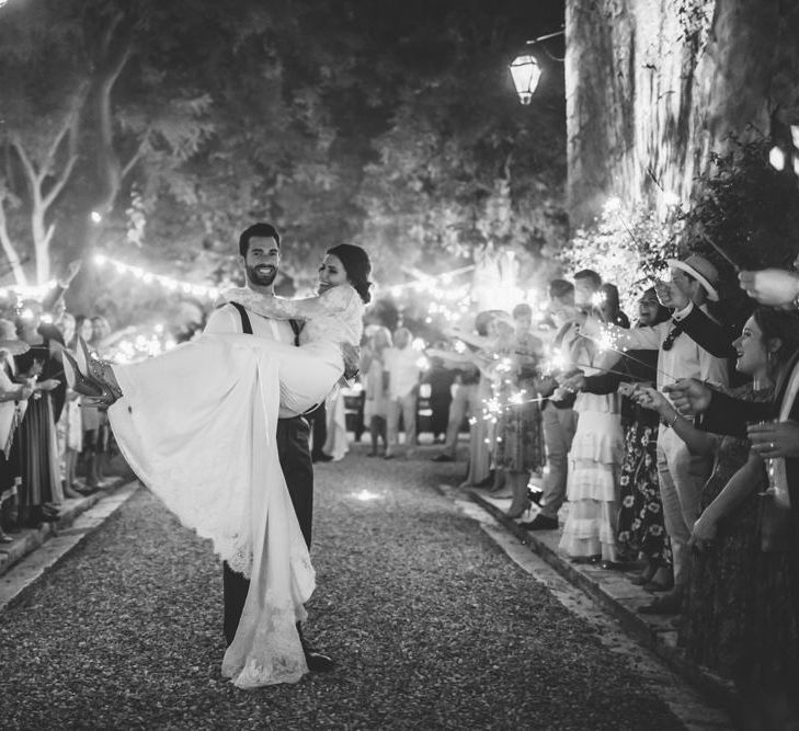 Sparkler Exit | Bride in Morgan Davies Gown | Groom in Suit Supply | D&A Photography | Ben Walton Films