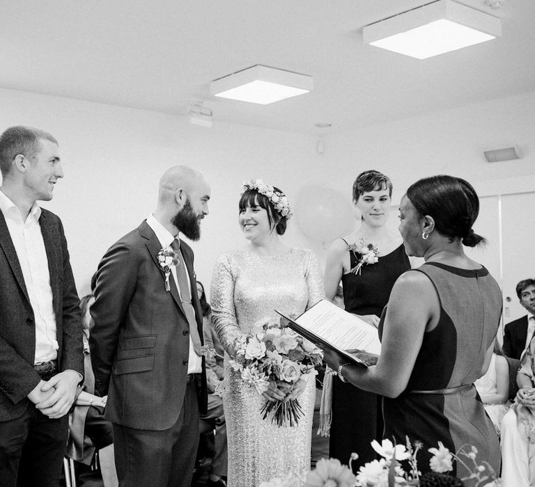 Wedding Ceremony at Vest House Museum with Bride in Pre Owned Gold Sequin Badgley Mischka Wedding Dress & Groom in Suit Supply