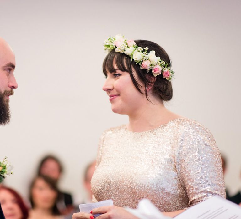 Wedding Ceremony at Vest House Museum with Bride in Pre Owned Gold Sequin Badgley Mischka Wedding Dress & Groom in Suit Supply