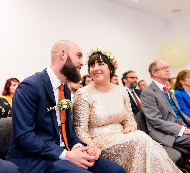 Wedding Ceremony at Vest House Museum with Bride in Pre Owned Gold Sequin Badgley Mischka Wedding Dress & Groom in Suit Supply