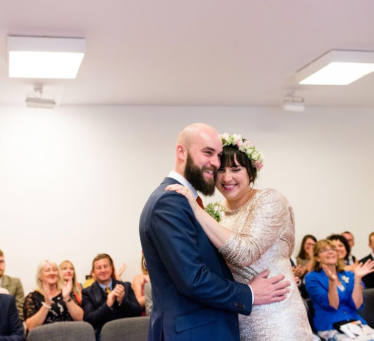 Wedding Ceremony at Vest House Museum with Bride in Pre Owned Gold Sequin Badgley Mischka Wedding Dress & Groom in Suit Supply