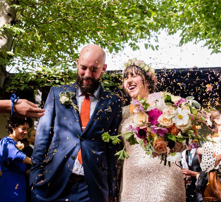 Wedding Ceremony at Vest House Museum with Bride in Pre Owned Gold Sequin Badgley Mischka Wedding Dress & Groom in Suit Supply