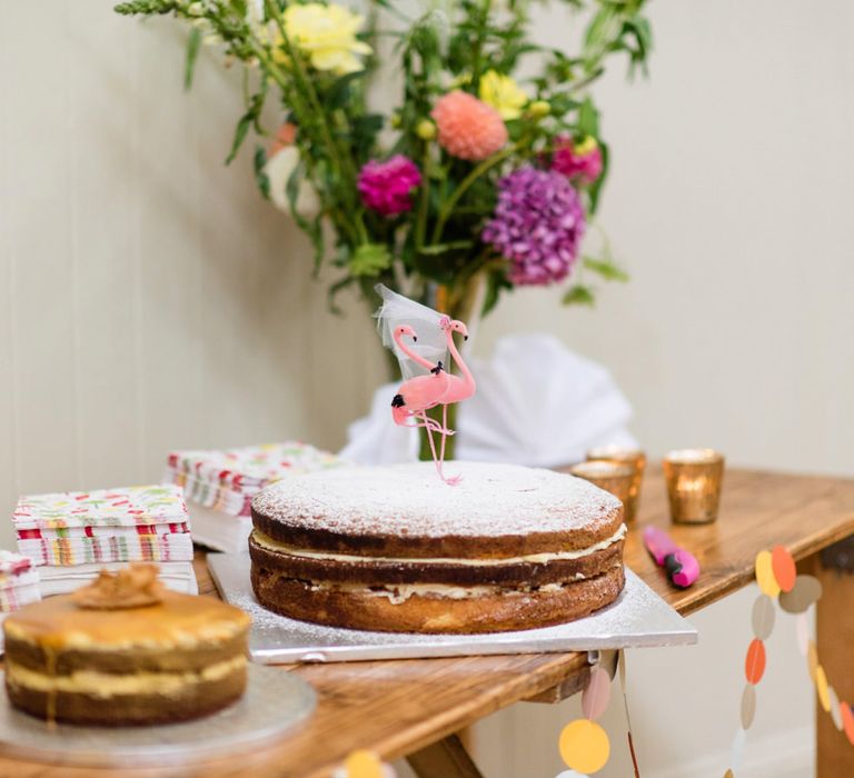 Homemade Wedding Cake with Flamingo Cake Topper