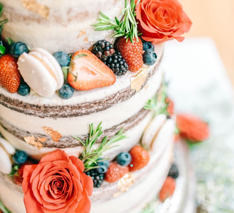 Naked Wedding Cake With Fresh Flowers & Fruit