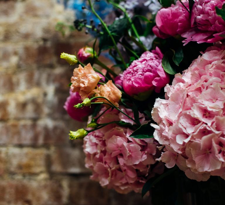 Brightly Coloured Hydrandeas, Stocks & Carnation Flower Arrangement | Urban Wedding at Village Underground, London | Marianne Chua Photography