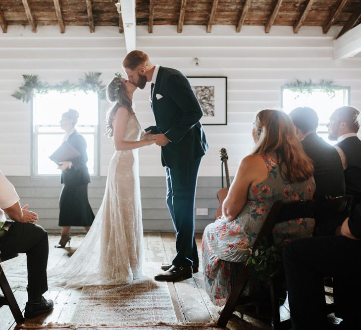 Coastal Wedding At East Quay Venue Whitstable With Bride In Claire La Faye With Floral Crown And Images From Green Antlers Photography