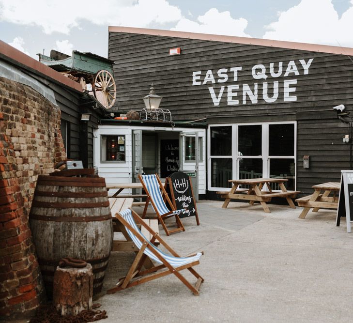 Coastal Wedding At East Quay Venue Whitstable With Bride In Claire La Faye With Floral Crown And Images From Green Antlers Photography