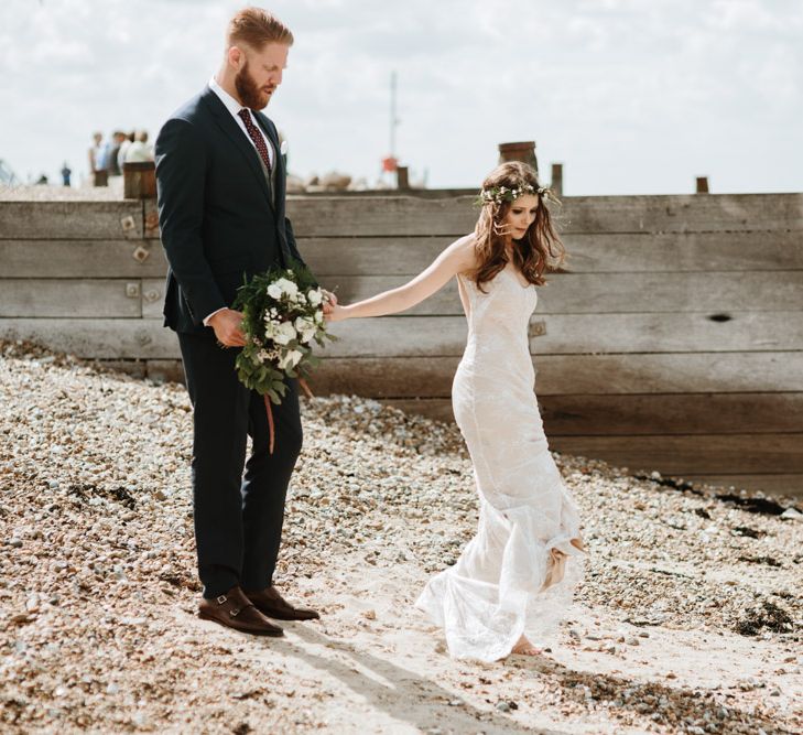 Coastal Wedding At East Quay Venue Whitstable With Bride In Claire La Faye With Floral Crown And Images From Green Antlers Photography