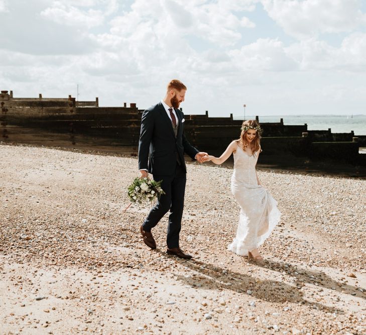 Coastal Wedding At East Quay Venue Whitstable With Bride In Claire La Faye With Floral Crown And Images From Green Antlers Photography