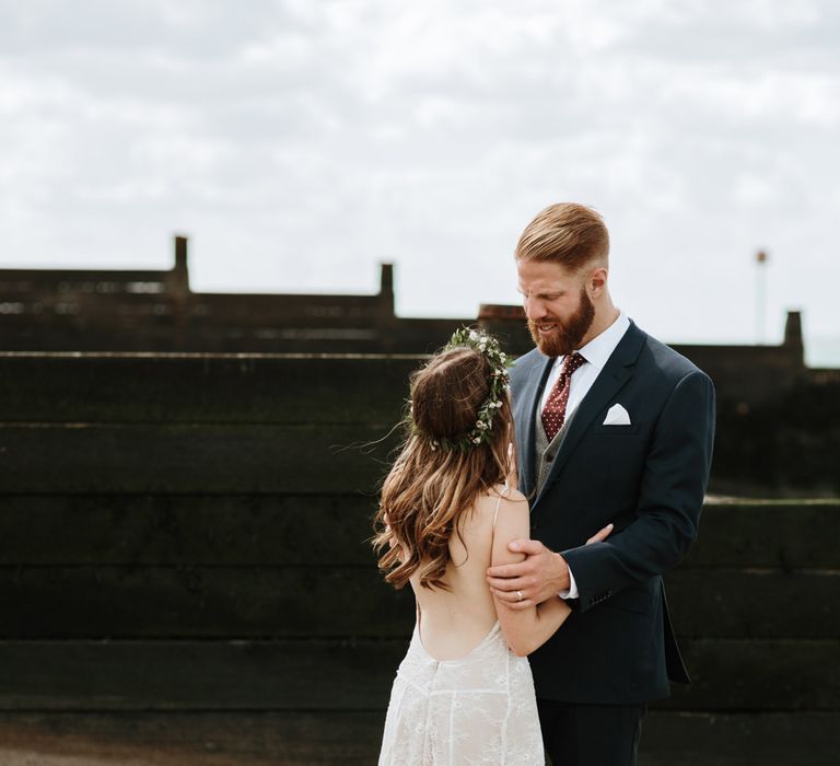 Coastal Wedding At East Quay Venue Whitstable With Bride In Claire La Faye With Floral Crown And Images From Green Antlers Photography