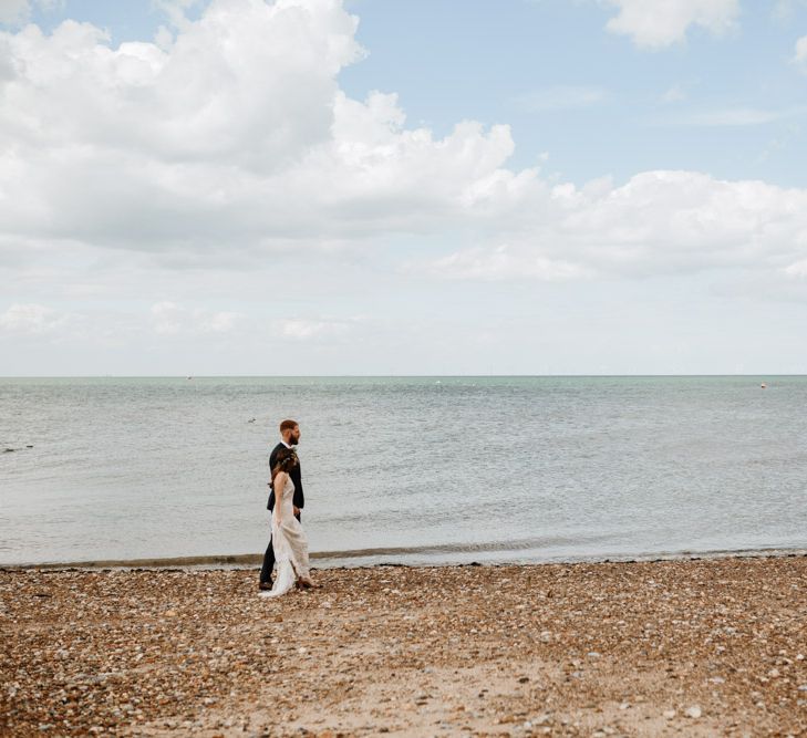 Coastal Wedding At East Quay Venue Whitstable With Bride In Claire La Faye With Floral Crown And Images From Green Antlers Photography