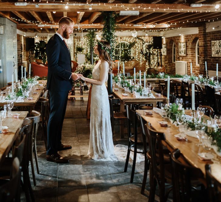 Coastal Wedding At East Quay Venue Whitstable With Bride In Claire La Faye With Floral Crown And Images From Green Antlers Photography