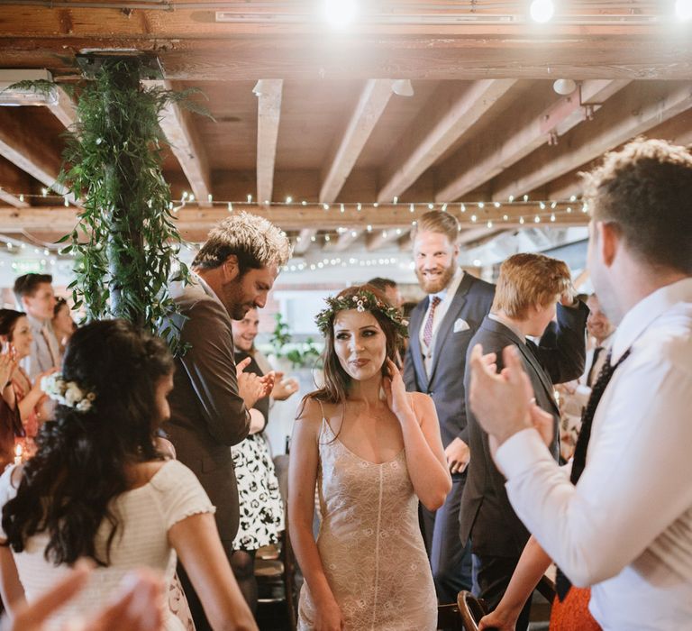 Coastal Wedding At East Quay Venue Whitstable With Bride In Claire La Faye With Floral Crown And Images From Green Antlers Photography