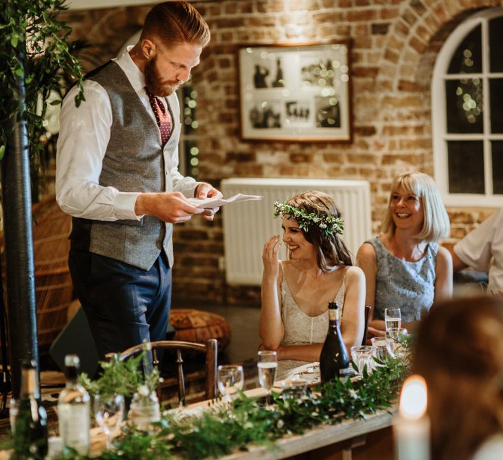 Coastal Wedding At East Quay Venue Whitstable With Bride In Claire La Faye With Floral Crown And Images From Green Antlers Photography