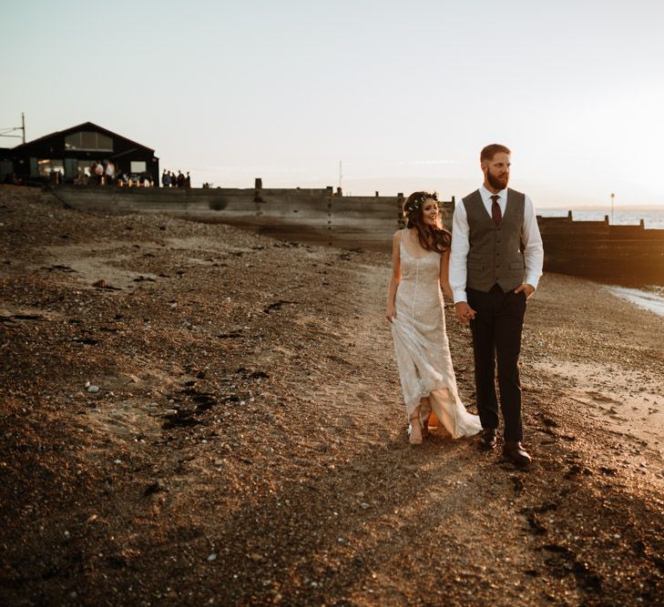 Coastal Wedding At East Quay Venue Whitstable With Bride In Claire La Faye With Floral Crown And Images From Green Antlers Photography