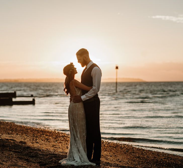 Coastal Wedding At East Quay Venue Whitstable With Bride In Claire La Faye With Floral Crown And Images From Green Antlers Photography