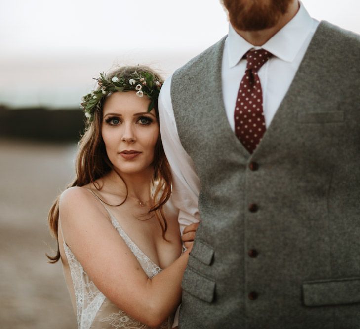 Coastal Wedding At East Quay Venue Whitstable With Bride In Claire La Faye With Floral Crown And Images From Green Antlers Photography