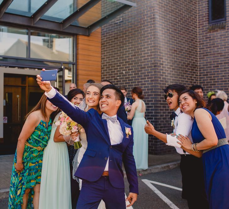 Selfie | Bride in Lace Dress | Groom in Navy Suit | Navyblur Photography | Cinematic Tide Films