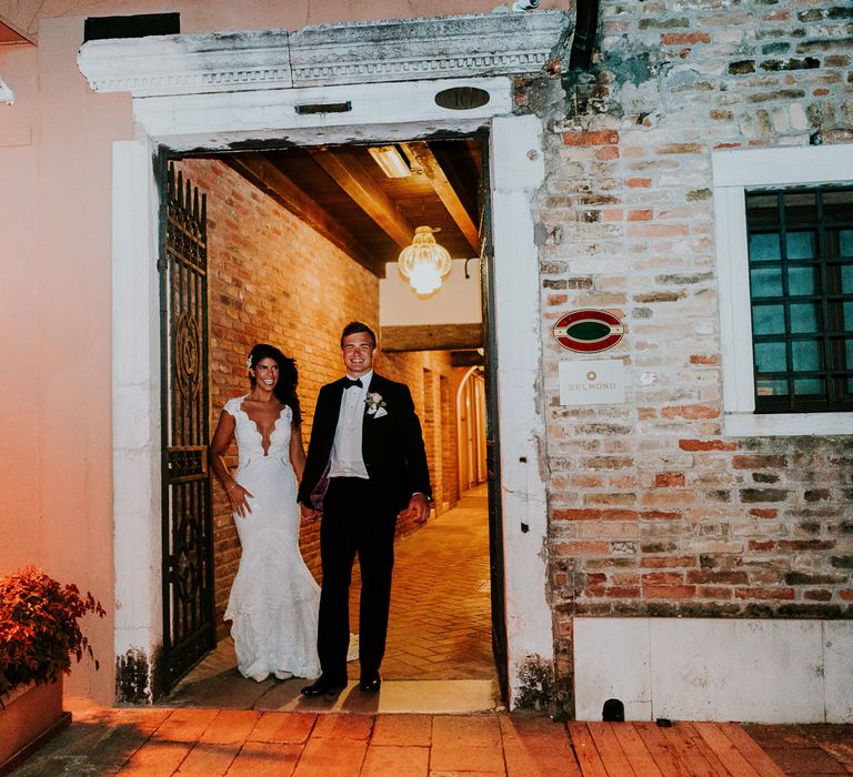 Bride in Berta Bridal Gown | Groom in Black Tuxedo | Super Luxe Greek Wedding at The Cipriani in Venice | Bridgwood Wedding Photography