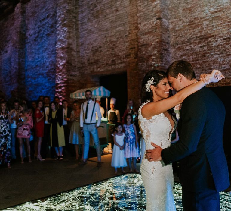 First Dance | Bride in Berta Bridal Gown | Groom in Black Tuxedo | Super Luxe Greek Wedding at The Cipriani in Venice | Bridgwood Wedding Photography