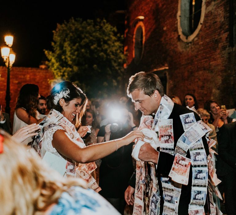 Greek Dancing | Bride in Berta Bridal Gown | Groom in Black Tuxedo | Super Luxe Greek Wedding at The Cipriani in Venice | Bridgwood Wedding Photography