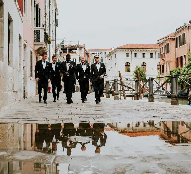 Groomsmen in Black Tuxedos | Super Luxe Greek Wedding at The Cipriani in Venice | Bridgwood Wedding Photography