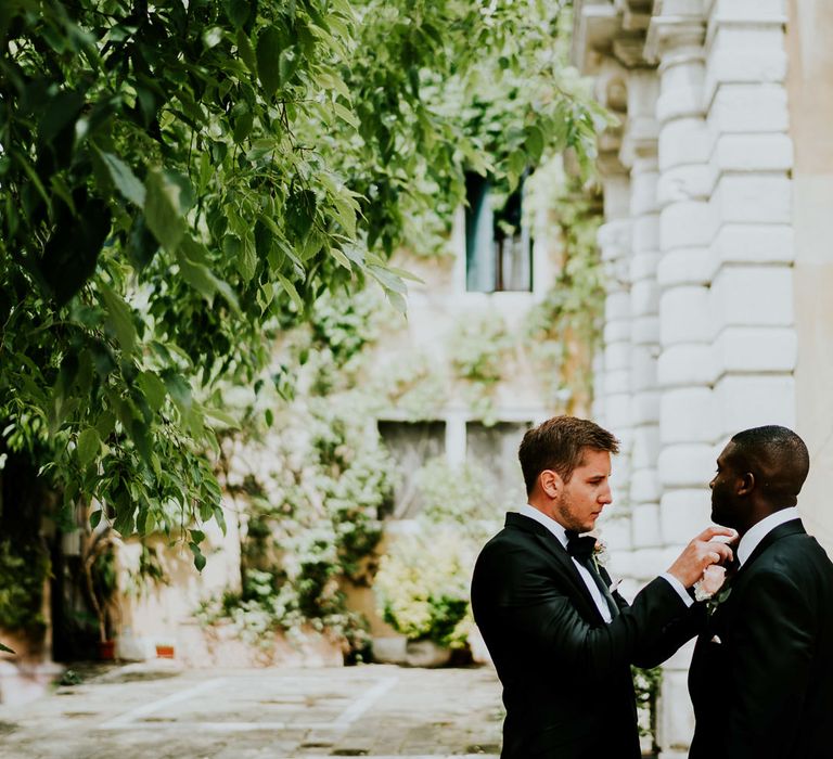 Groomsmen in Black Tuxedos | Super Luxe Greek Wedding at The Cipriani in Venice | Bridgwood Wedding Photography