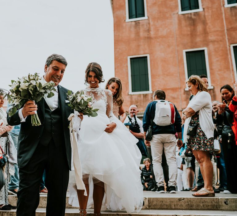 Bride in Romona Keveza Gown | Father of the Bride in Black Tuxedo | Super Luxe Greek Wedding at The Cipriani in Venice | Bridgwood Wedding Photography