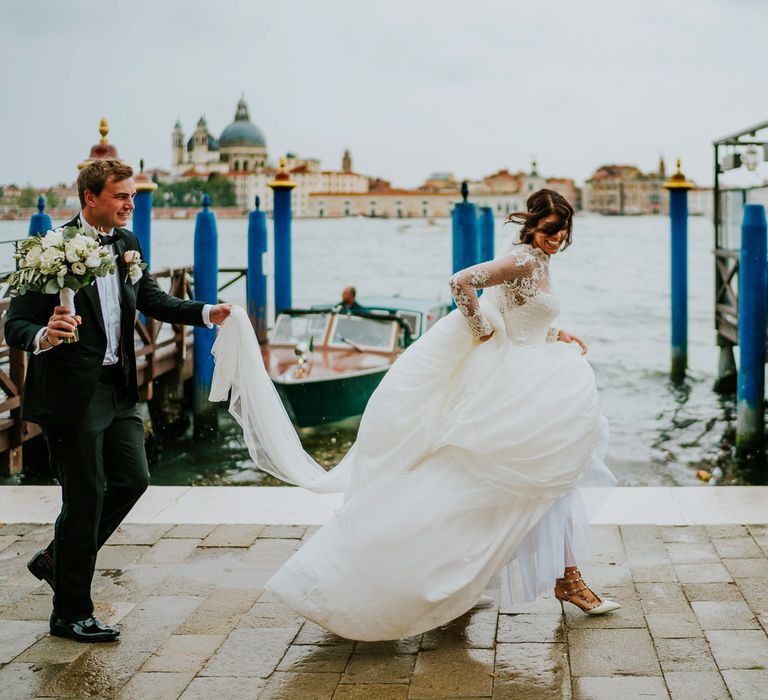 Bride in Romona Keveza Gown | Groom in Black Tuxedo | Super Luxe Greek Wedding at The Cipriani in Venice | Bridgwood Wedding Photography