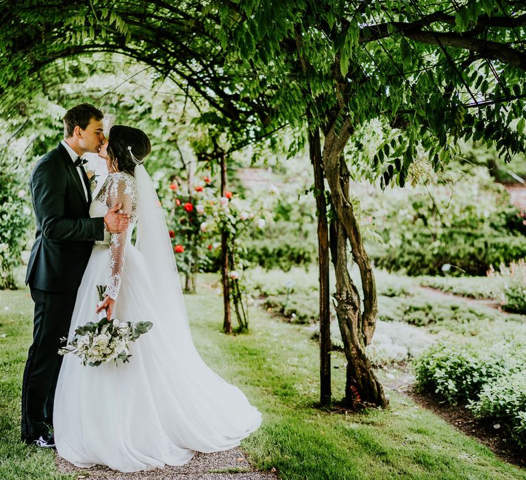 Bride in Romona Keveza Gown | Groom in Black Tuxedo | Super Luxe Greek Wedding at The Cipriani in Venice | Bridgwood Wedding Photography