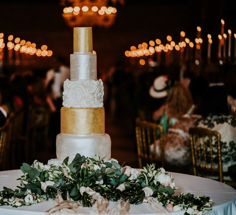 Six Tier Metallic Wedding Cake | Super Luxe Greek Wedding at The Cipriani in Venice | Bridgwood Wedding Photography