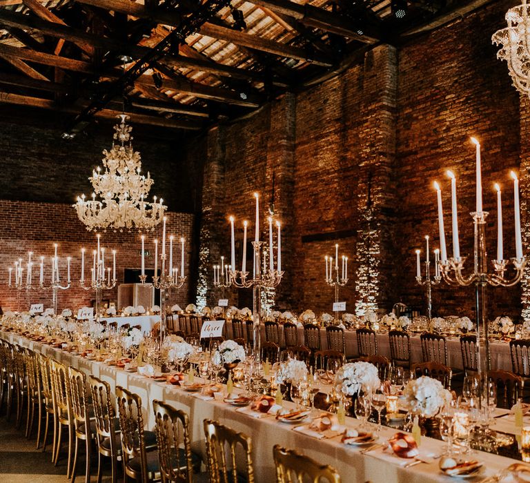 Candelabra Centrepieces | Super Luxe Greek Wedding at The Cipriani in Venice | Bridgwood Wedding Photography