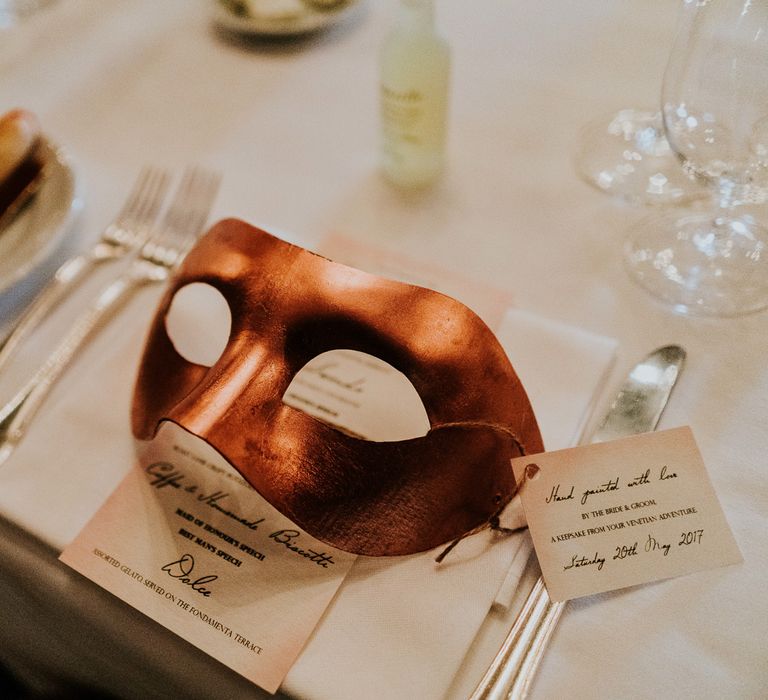 Mask Name Place Setting | Super Luxe Greek Wedding at The Cipriani in Venice | Bridgwood Wedding Photography