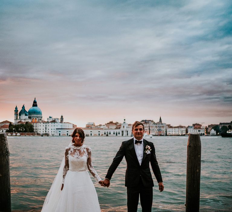 Bride in Romona Keveza Gown | Groom in Black Tuxedo | Super Luxe Greek Wedding at The Cipriani in Venice | Bridgwood Wedding Photography