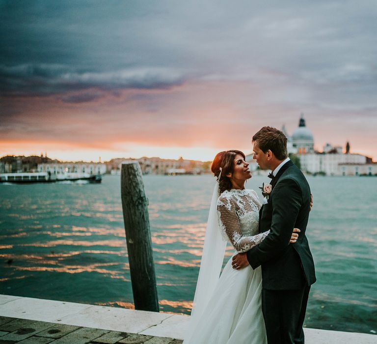 Bride in Romona Keveza Gown | Groom in Black Tuxedo | Super Luxe Greek Wedding at The Cipriani in Venice | Bridgwood Wedding Photography