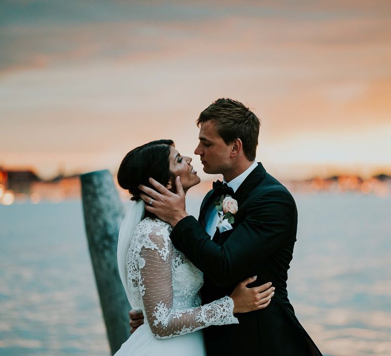 Bride in Romona Keveza Gown | Groom in Black Tuxedo | Super Luxe Greek Wedding at The Cipriani in Venice | Bridgwood Wedding Photography