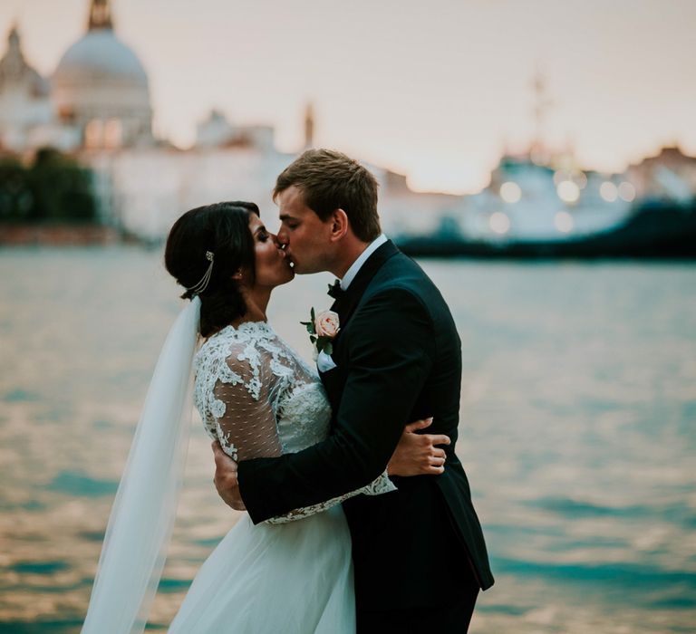 Bride in Romona Keveza Gown | Groom in Black Tuxedo | Super Luxe Greek Wedding at The Cipriani in Venice | Bridgwood Wedding Photography