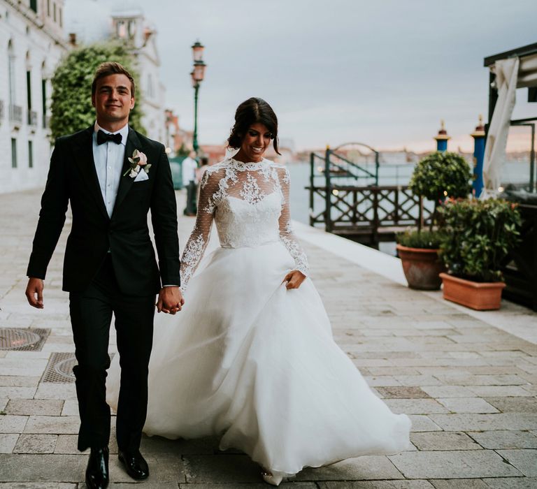 Bride in Romona Keveza Gown | Groom in Black Tuxedo | Super Luxe Greek Wedding at The Cipriani in Venice | Bridgwood Wedding Photography