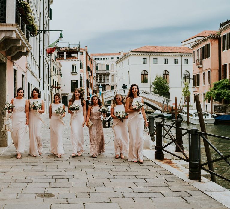 Bridesmaids in Blush Pink Maids To Measure Gowns | Super Luxe Greek Wedding at The Cipriani in Venice | Bridgwood Wedding Photography