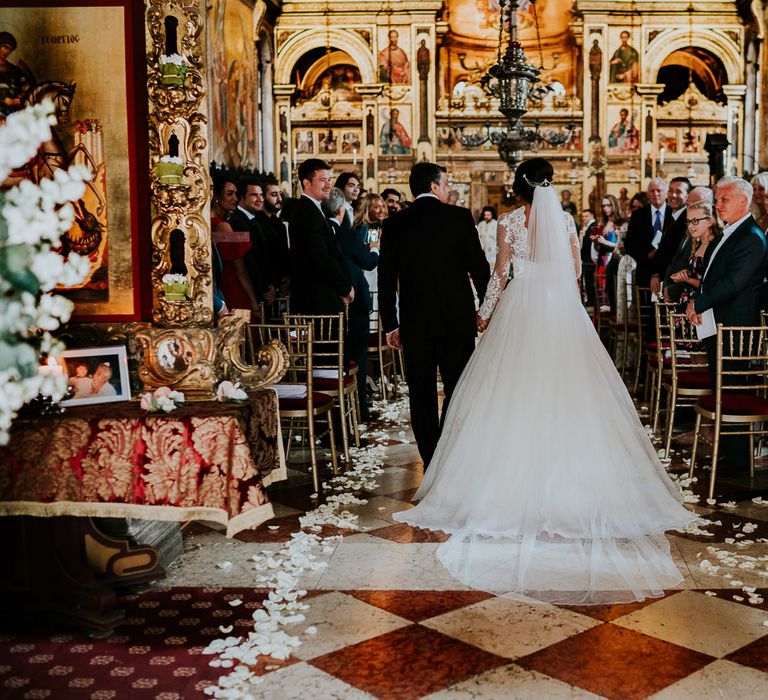 Wedding Ceremony at Greek Orthodox Church | Bride in Romona Keveza Gown | Super Luxe Greek Wedding at The Cipriani in Venice | Bridgwood Wedding Photography