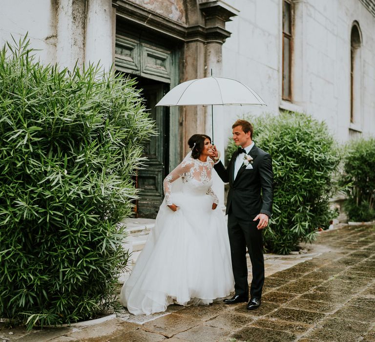 Bride in Romona Keveza Gown | Groom in Black Tuxedo | Super Luxe Greek Wedding at The Cipriani in Venice | Bridgwood Wedding Photography