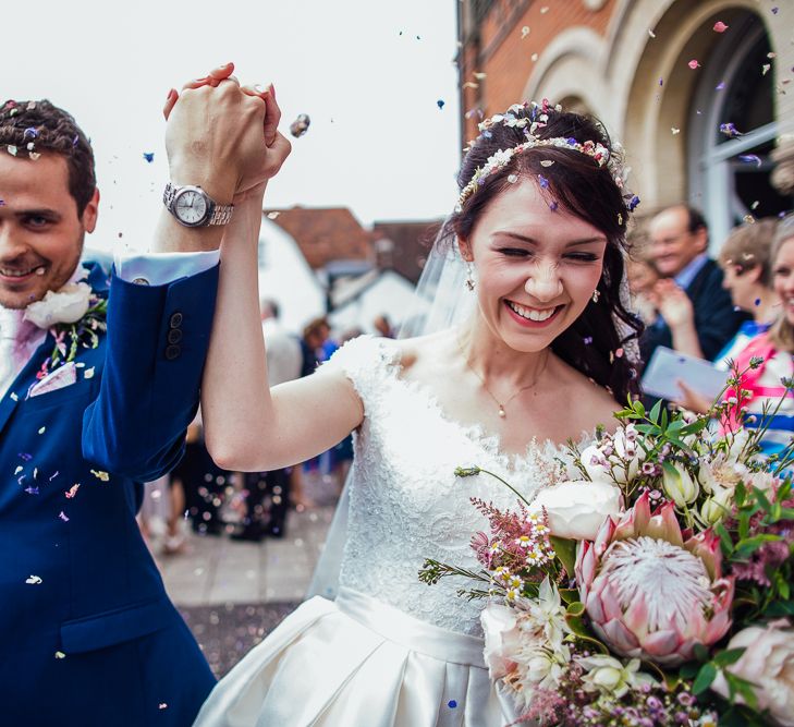 Bride in Aire Barcelona Bridal Gown & Groom in Ted Baker Confetti Moment